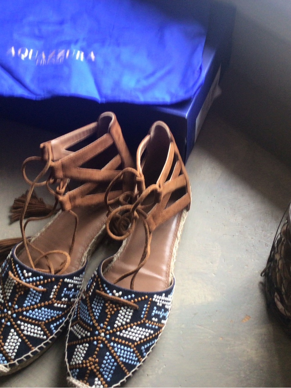 Aquazzura Brown Suede Lace-Up Espadrilles with Blue and White Beaded Toe